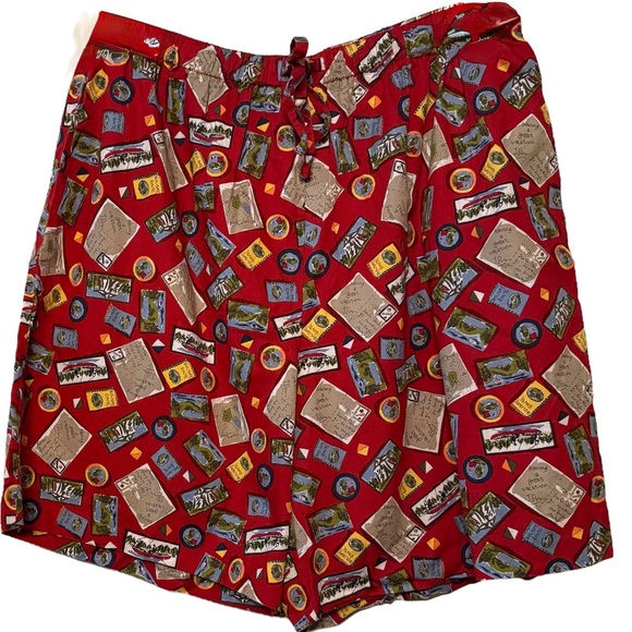 Vintage Pants - Vintage 80s Postcard Print Shorts Red Cotton High Rise Travel Novelty M